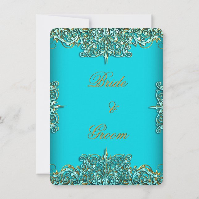 Elite Elegant Wedding Ornate Teal Blue Gold Invitation (Front)