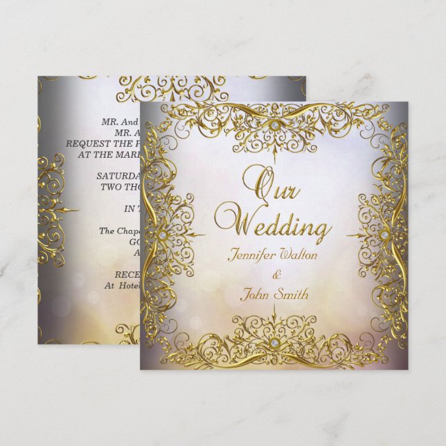 Elite Elegant Wedding Set Beige Gold Invitation (Front/Back)