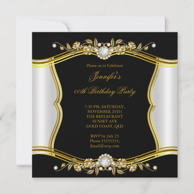 Elite Gold Black Floral Diamond Jewel Party Invitation (Front)