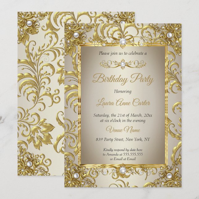 Elite Gold Damask Cream Pearl Birthday Party Invitation (Front/Back)