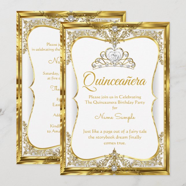 Elite Gold White Pearl Princess Quinceanera Invitation (Front/Back)