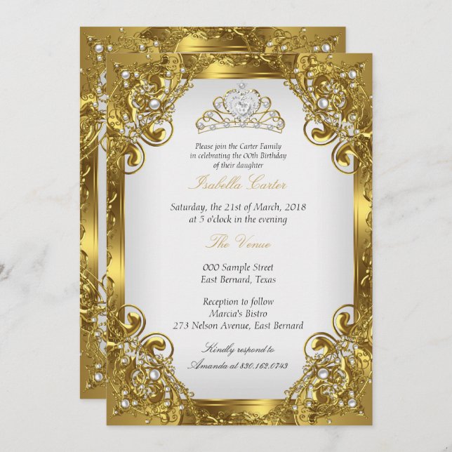 Elite Golden White Pearl Lace Tiara Birthday Party Invitation (Front/Back)