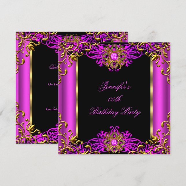 Elite Hot Pink Gem Gold Black Birthday Party 2 Invitation (Front/Back)