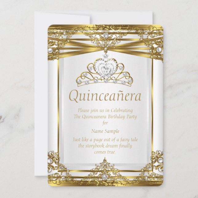 Elite Princess Quinceanera Gold White Pearl Frame Invitation (Front)