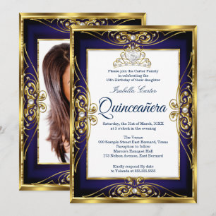 Elite Quinceanera 15th Gold Navy Blue Tiara Photo Invitation