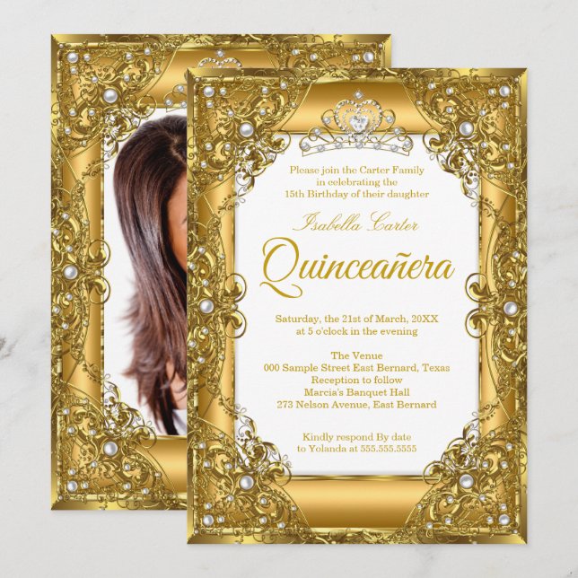 Elite Quinceanera 15th Gold  Pearl Tiara Photo Invitation (Front/Back)