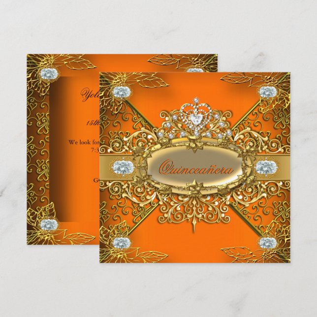 Elite Quinceanera Orange Gold Damask 15th Party Invitation (Front/Back)