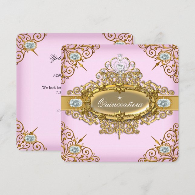 Elite Quinceanera Pink Gold Damask 15th Party Invitation (Front/Back)