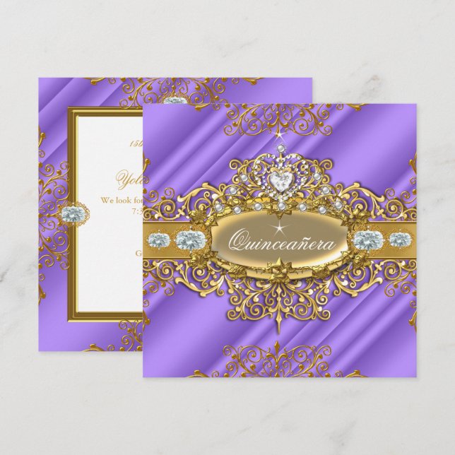 Elite Quinceanera Purple Silver Gold 15th Birthday Invitation (Front/Back)