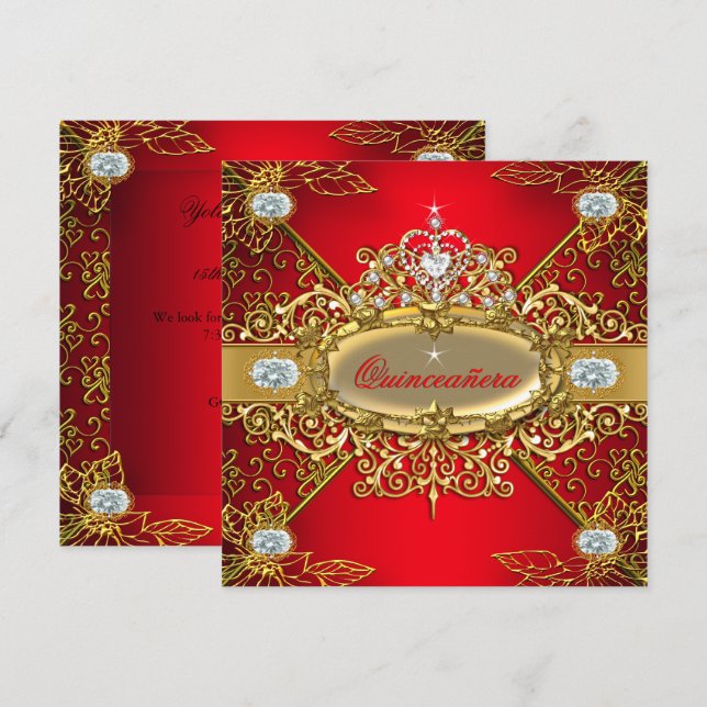 Elite Quinceanera Regal Red Gold Damask 15th Party Invitation (Front/Back)