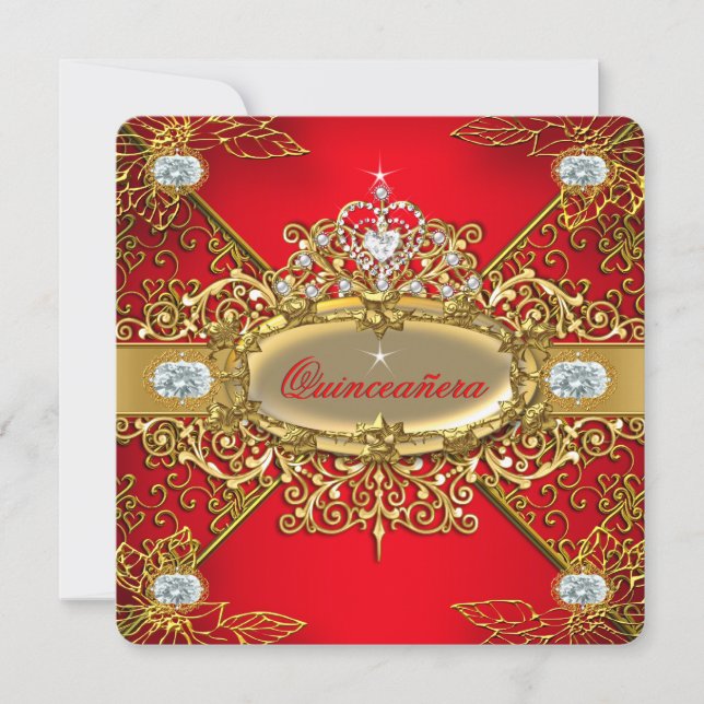 Elite Quinceanera Regal Red Gold Damask 15th Party Invitation (Front)