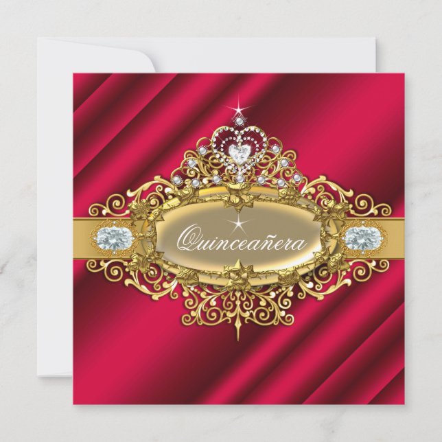 Elite Quinceanera Rich Red Gold Damask 15th Party Invitation (Front)