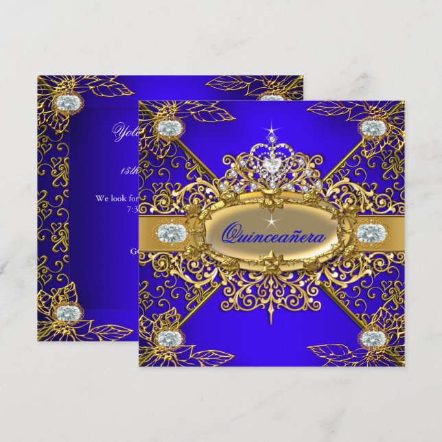 Elite Quinceanera Royal Blue Gold Damask 15th 2 Invitation (Front/Back)