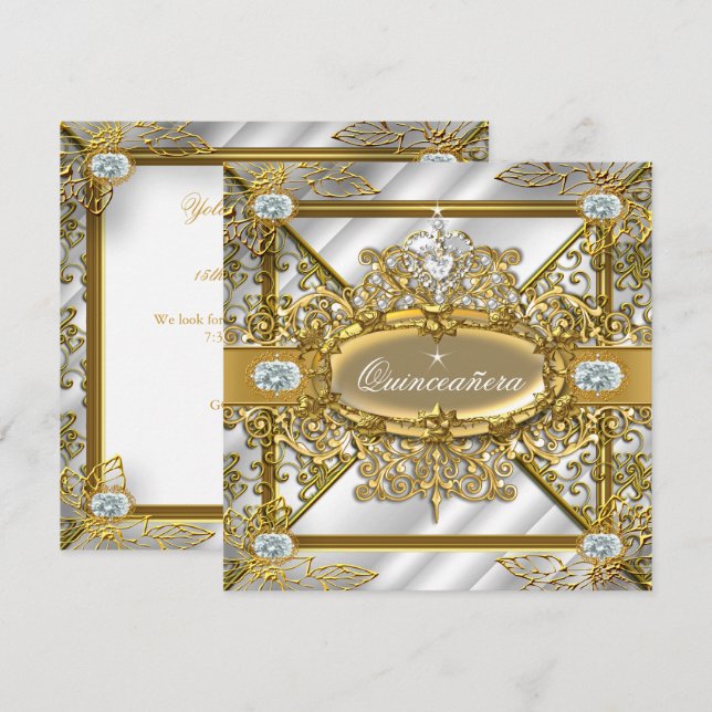 Elite Quinceanera Silver Gold Damask 15th Birthday Invitation (Front/Back)
