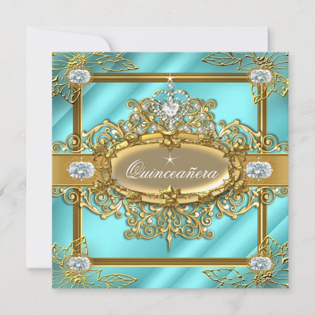 Elite Quinceanera Teal blue Gold Damask 15th Invitation (Front)