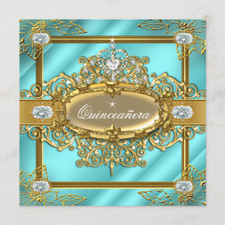 Elite Quinceanera Teal blue Gold Damask 15th Invitation