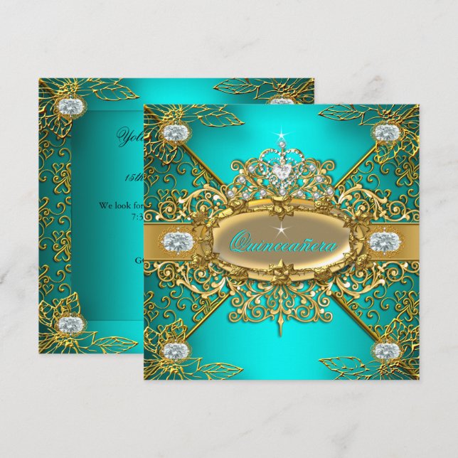 Elite Quinceanera Teal Blue Gold Damask 15th Party Invitation (Front/Back)