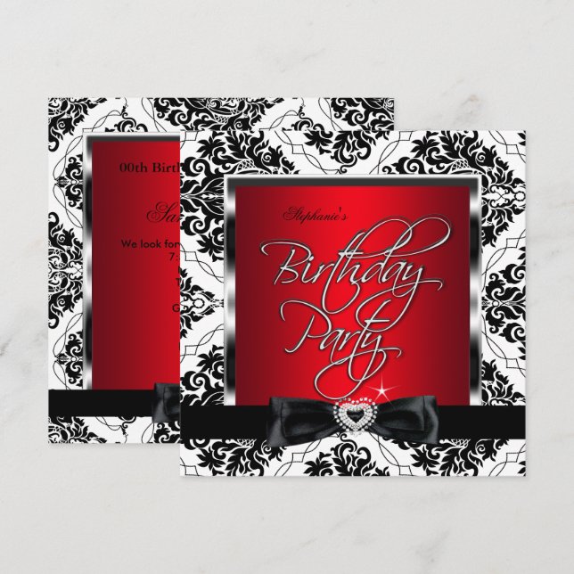 Elite Red Damask Silver Black White Birthday Party Invitation (Front/Back)
