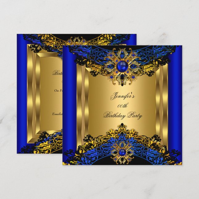 Elite Royal Blue Gem Gold Black Birthday Party 2 Invitation (Front/Back)