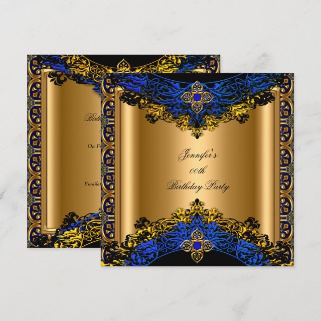 Elite Royal Blue Gold Black Birthday Party Invitation (Front/Back)