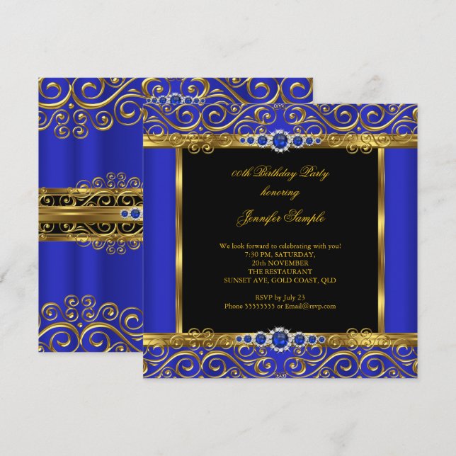Elite Royal Blue Gold Damask Pearl Birthday 2 Invitation (Front/Back)