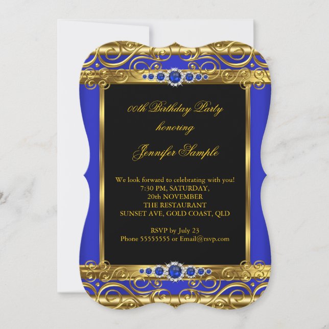Elite Royal Blue Gold Damask Pearl Birthday Party Invitation (Front)