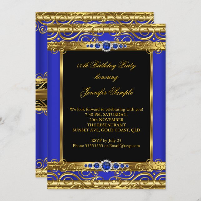 Elite Royal Blue Gold Damask Pearl Birthday Party Invitation (Front/Back)
