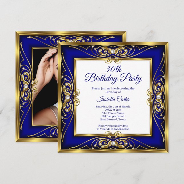 Elite Royal Blue Gold Pearl Photo 30th birthday Invitation (Front/Back)