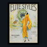 Elite Styles 1924 Poster<br><div class="desc">An Art Deco style magazine cover of Elite Styles,  December 1924.  Cover features a stylized woman dressed in a golden dress holding a fan made of feather plumage.</div>