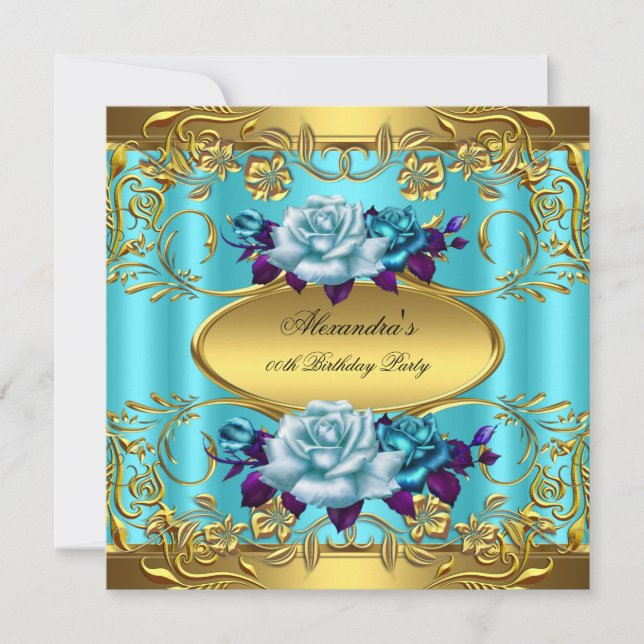 Elite Teal Blue Roses Gold Birthday Party Invitation (Front)