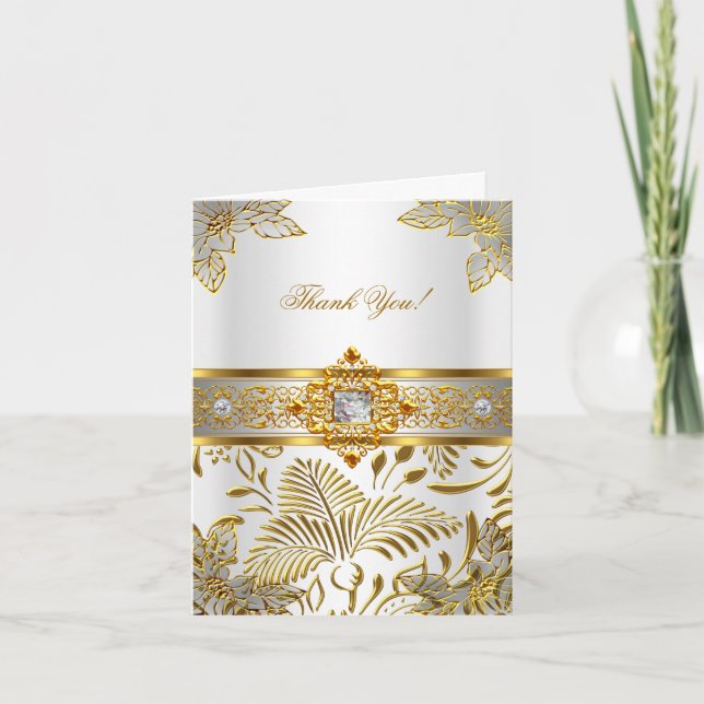 Elite Thank You Card Elegant White Damask Gold (Front)