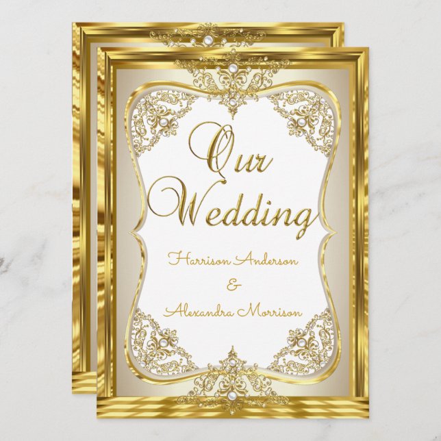 Elite Wedding Gold White beige Cream Pearl  Invitation (Front/Back)