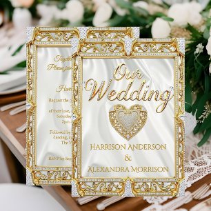 Elite Wedding Gold White Silk Diamond Frame Heart Invitation