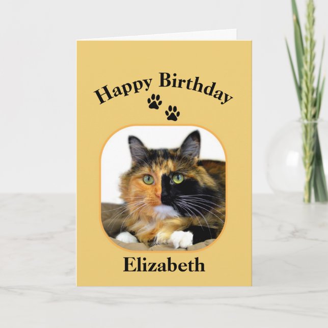 Elizabeth Calico Cat Happy Birthday Card (Front)