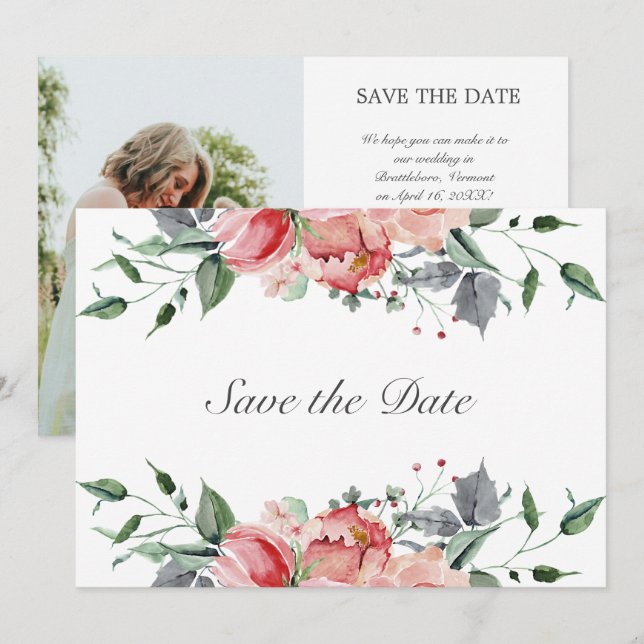 Elizabeth Elegant Pink Flowers Wedding Save The Da Date (Front/Back)