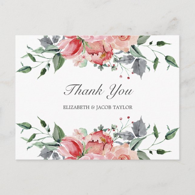 Elizabeth Elegant Pink Flowers Wedding Thank You Postcard (Front)