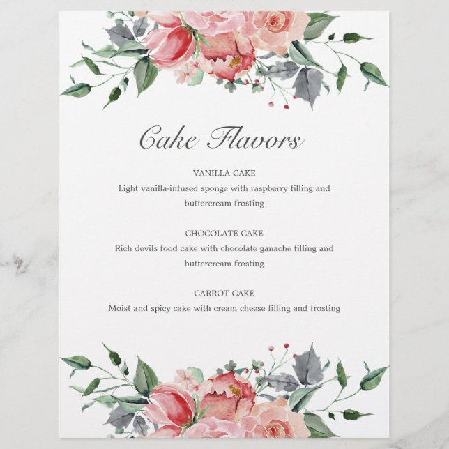 Elizabeth Pink Floral Cake Flavors Wedding Sign (Front)