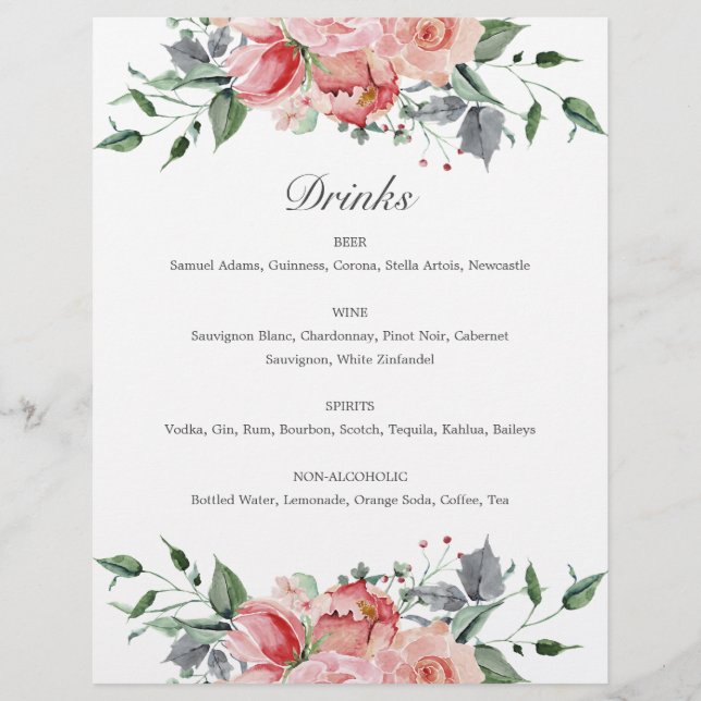 Elizabeth Pink Floral Drinks Wedding Sign (Front)