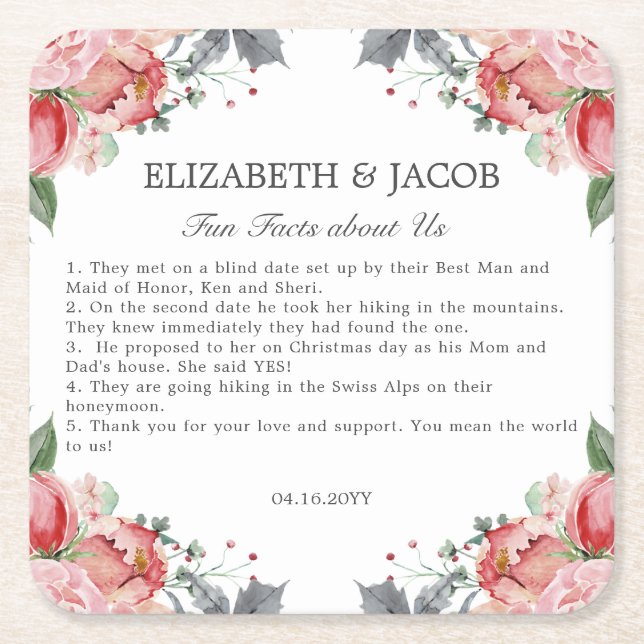 Elizabeth Pink Floral Fun Facts Wedding Square Paper Coaster (Front)