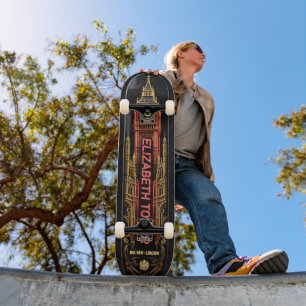 Elizabeth Tower Big Ben London - Red Neon and Roya Skateboard