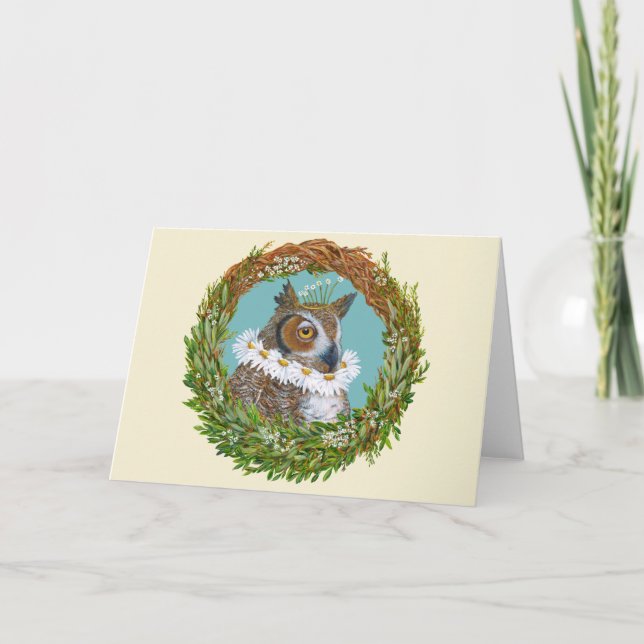 Elizabethan Owl in spring wreath card (Front)