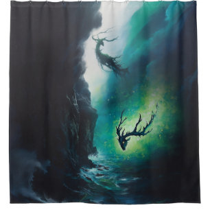 Elk Antlers Magical Witchy Green Portal AI Art Shower Curtain