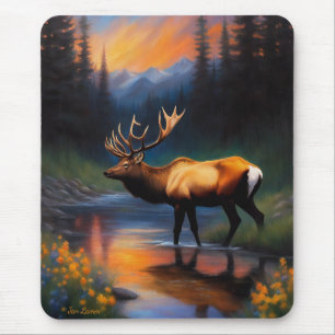 Elk at Mountain Stream Beautiful Painting Mouse Mat