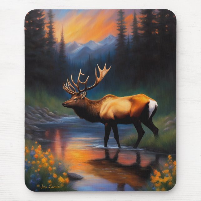 Elk at Mountain Stream Beautiful Painting Mouse Mat (Front)
