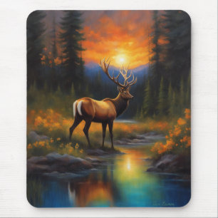 Elk at Rocky Mountain Stream Beautiful Painting Mouse Mat