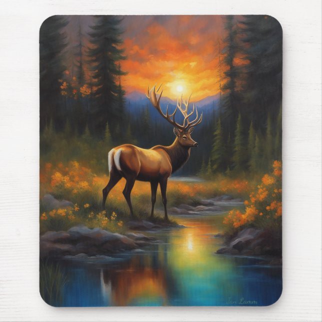 Elk at Rocky Mountain Stream Beautiful Painting Mouse Mat (Front)