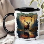 Elk at Sunrise Forest Reflection Mug<br><div class="desc">Start your day with the majestic beauty of the Elk at Sunrise Forest Reflection Mug. This stunning mug features a regal elk standing by a tranquil forest lake at sunrise, with the golden light and serene trees beautifully reflected in the water. Customised with your name, it adds a personal touch...</div>