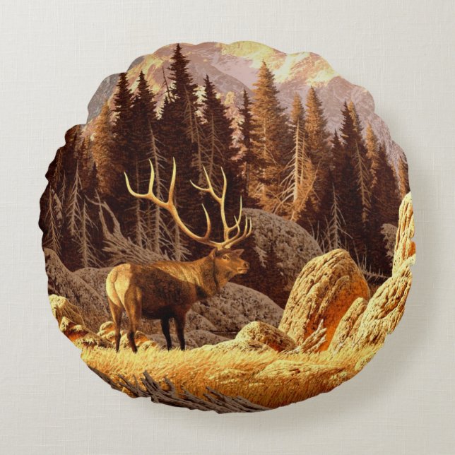 Elk Bull Round Cushion (Front)