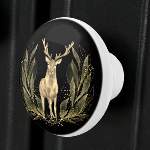 Elk Deer Black Gold Nature Watercolor Ceramic Knob