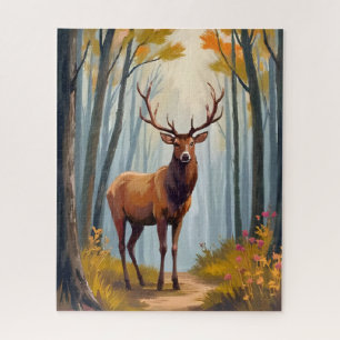 Elk Forest Watercolor Landscape Jigsaw Puzzle